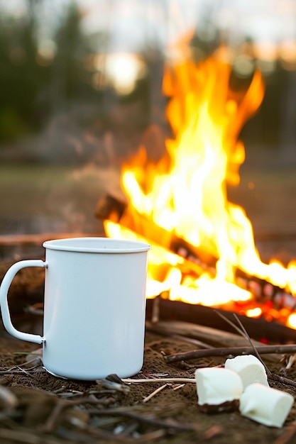 a white cup that is sitting in front of a fire