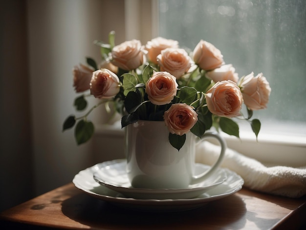 a white cup with a black lid and a white cup with roses in it