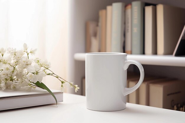 a white cup with a bunch of flowers on a table