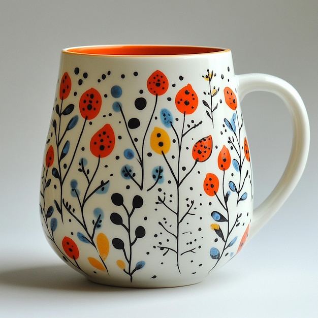 a white cup with colorful flowers on it