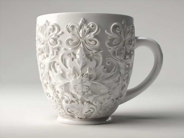 a white cup with a flower design on it