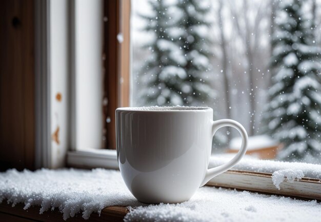 a white cup with a handle on a window sill