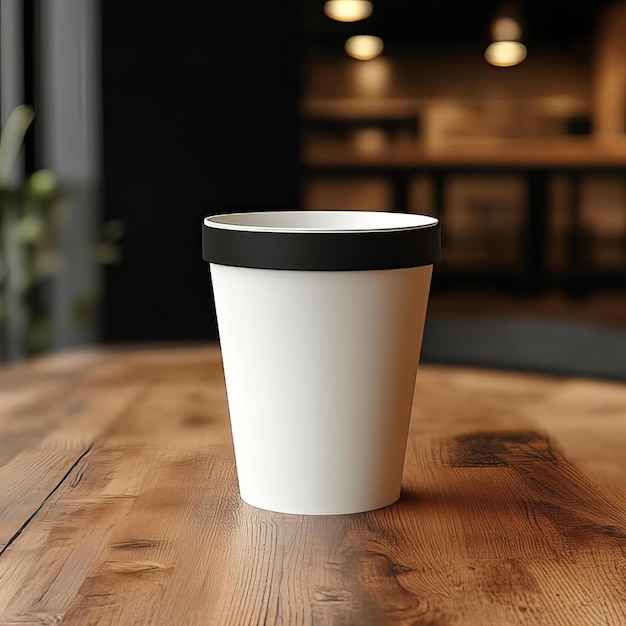 Photo a white cup with the lid on it sits on a wooden table