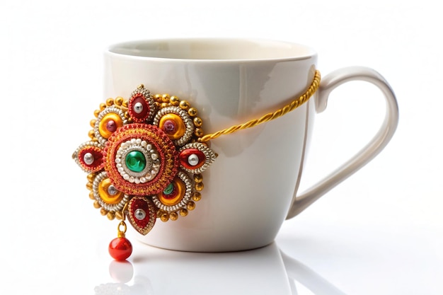 a white cup with a red beaded necklace on it