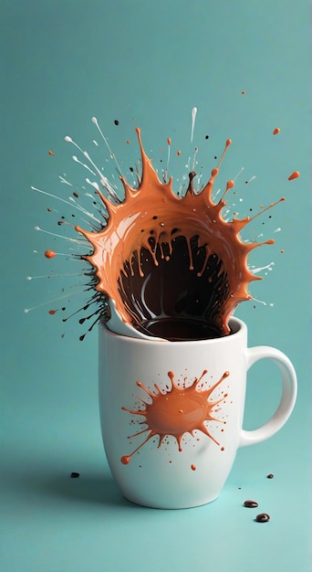 Photo a white cup with a splash of chocolate splashing in it