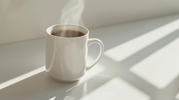 a white cup with a steam coming out of it