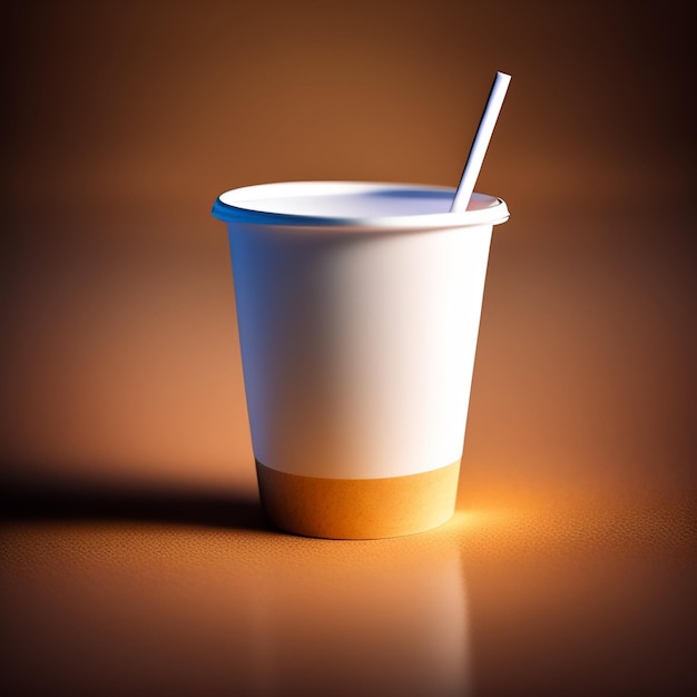 A white cup with a straw in it and a brown background.