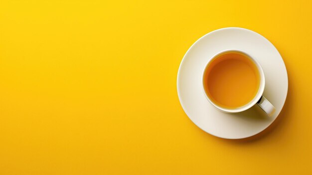 A white cup with tea on a saucer placed bright yellow background