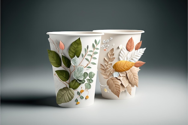 White cups decorated with petals and leaves disposable paper tableware