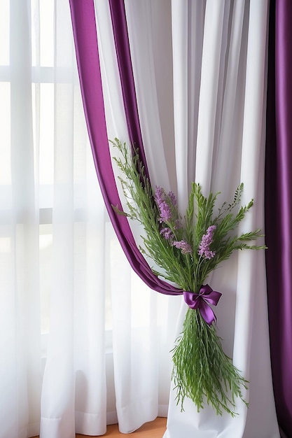 Photo the white curtain is gathered under a purple satin ribbon with a sprig of green closeup interior detail