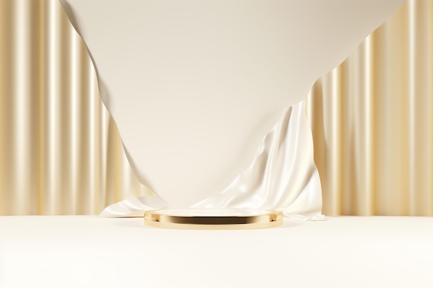 A white curtain with gold drapes and a white background