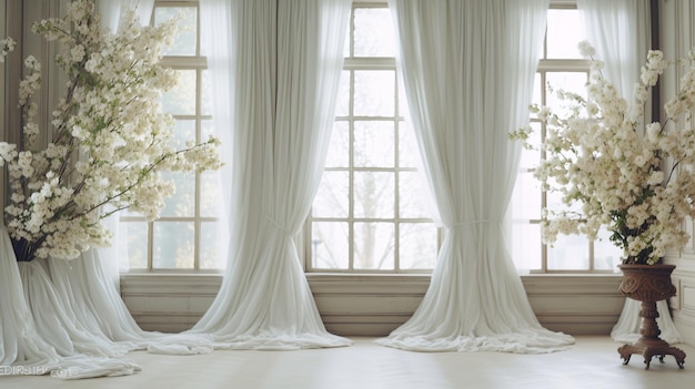 White curtains and white flowers on the windowsill