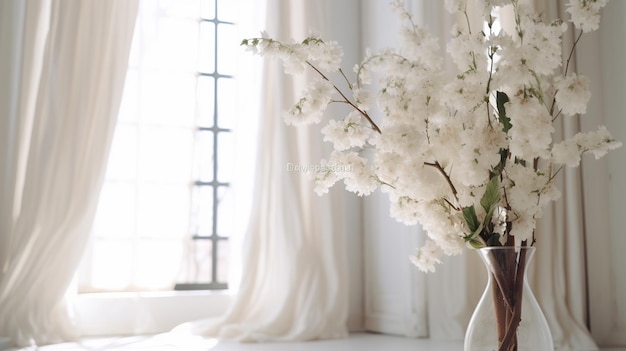 White curtains and white flowers on the windowsill