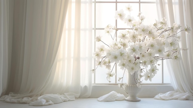 White curtains and white flowers on the windowsill