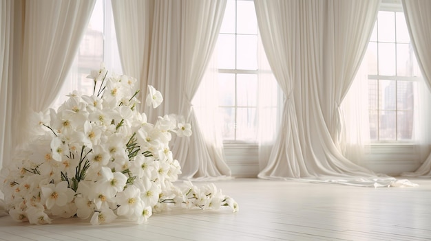 White curtains and white flowers on the windowsill