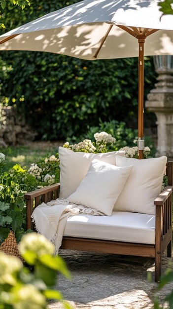 Photo white cushioned patio bench under a white umbrella in a garden