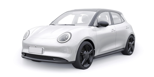 White cute little electric hatchback car 3D illustration