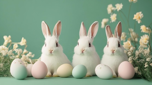 a white cute rabbit and a colourful rabbit on the colourful background