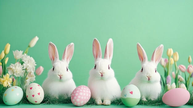 a white cute rabbit and a colourful rabbit on the colourful background