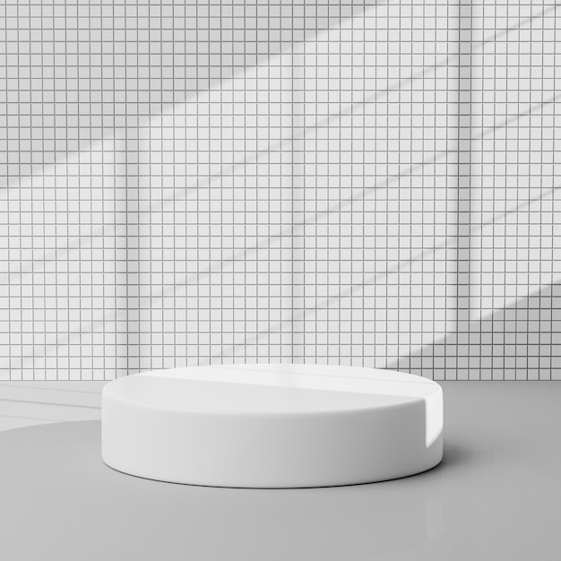 White cylinder stand against ceramic tile wall with shadows to show cosmetic product 3d rendering