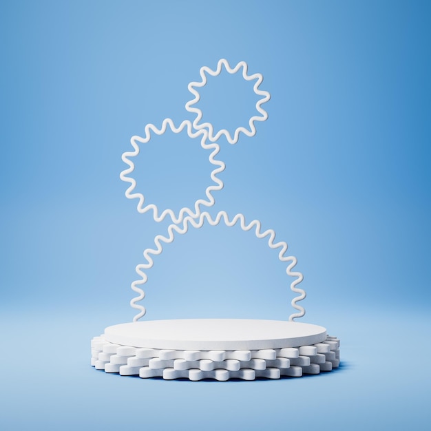 White Cylindrical Gear Shaped Product Display Podium on Blue Background