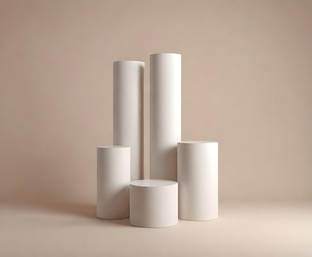 White cylindrical pedestals of varying heights against a beige background