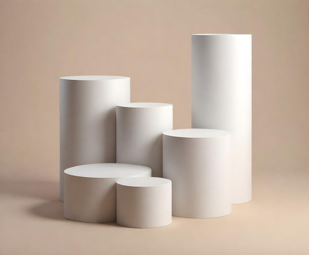 White cylindrical pedestals of varying heights against a beige background