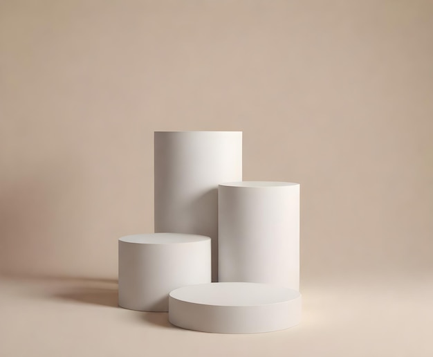 White cylindrical pedestals of varying heights against a beige background