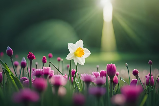 A white daffodil in a field of purple flowers