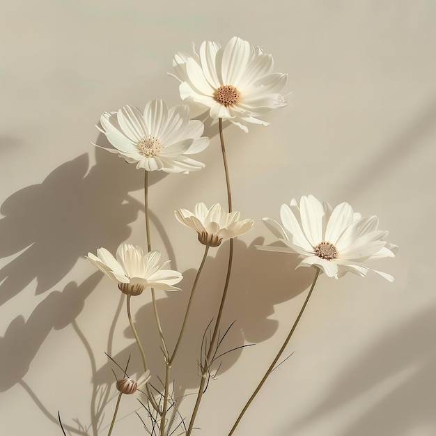 Photo white daisies against plain background long shadows minimalist aesthetic