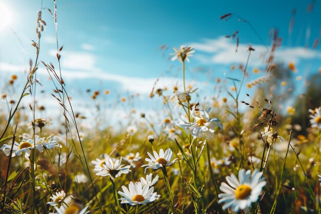 White daisies on the background of blue sky with clouds