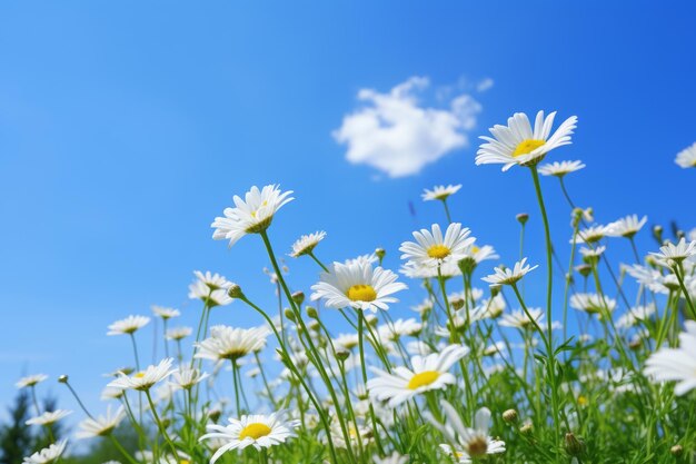 White daisies on the background of blue sky with clouds