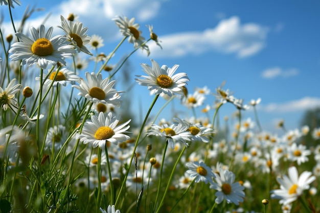 White daisies on the background of blue sky with clouds