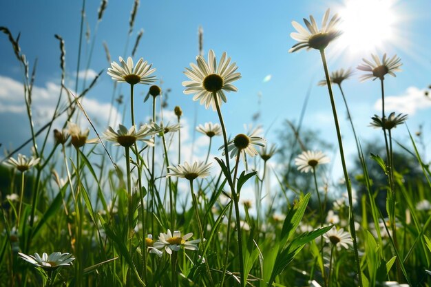 White daisies on the background of blue sky with clouds