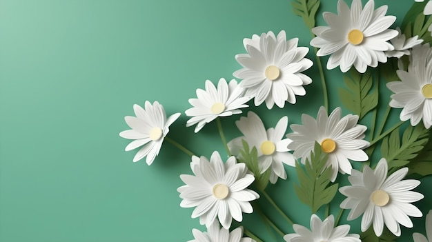 white daisies flower frame on green background