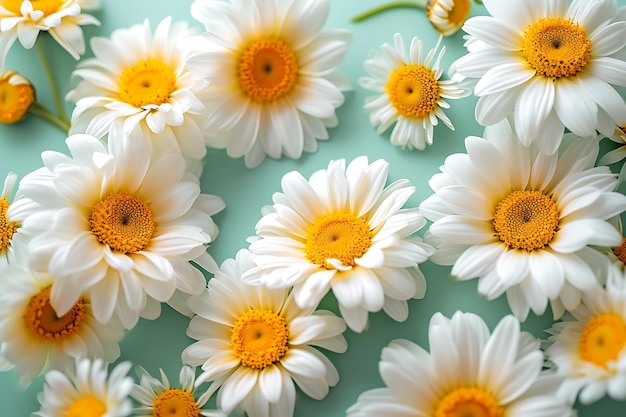 White Daisies on Light Green Background Top View