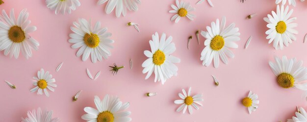 White daisies on pink background flat lay