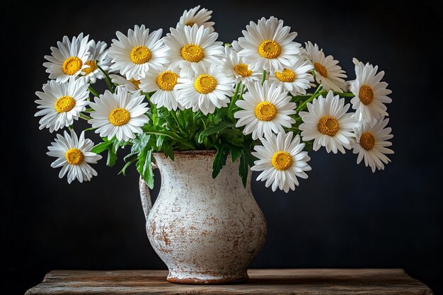 White daisies in a rustic vase on a farmhouse table