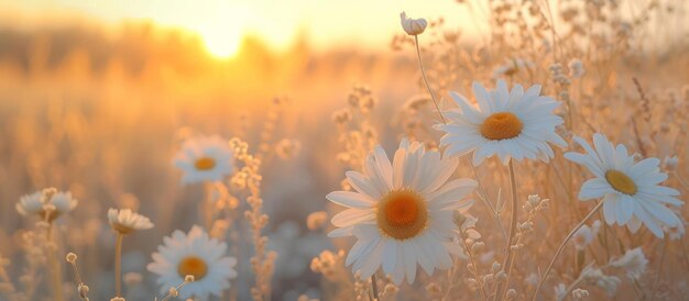 white daisies in a white grass field with a sunset in the background