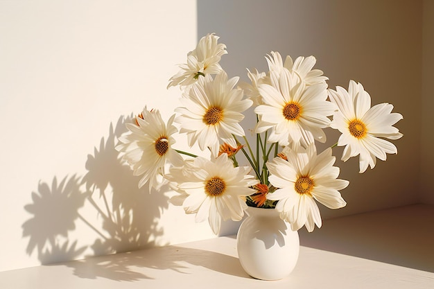 White daisies in a white vase on a white background