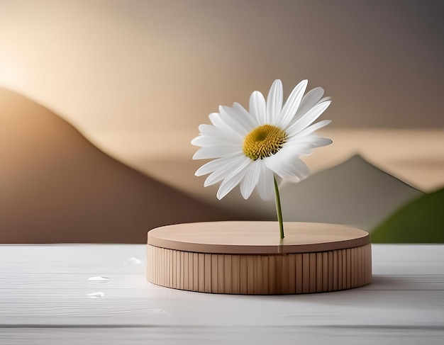 White Daisy Flower with 3D Rendered Wood and Beige Cylinder Podium