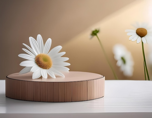 White Daisy Flower with 3D Rendered Wood and Beige Cylinder Podium