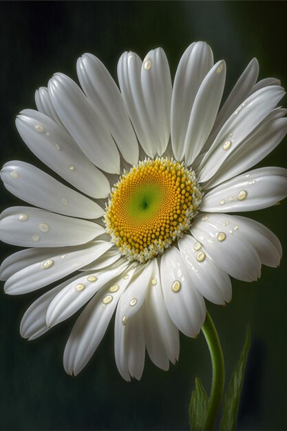 A white daisy with green drops of dew on it