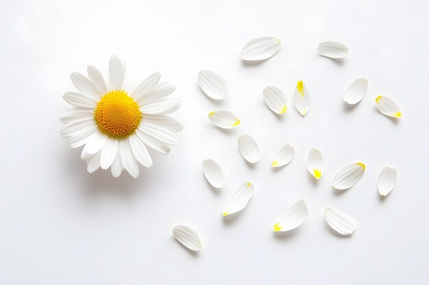 Photo white daisy with scattered petals on a light background