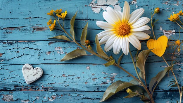 White Daisy and Yellow Flowers on Rustic Blue Wood