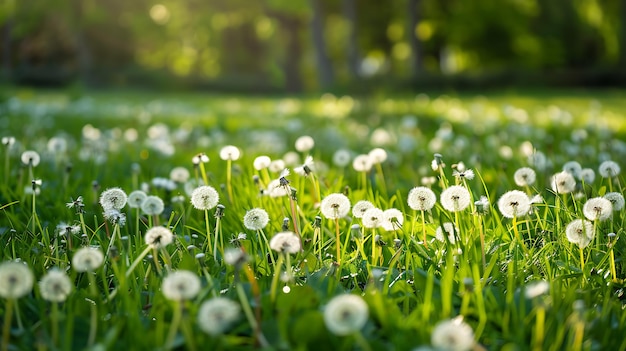 White dandelion flowers on a green meadow in the sunlight