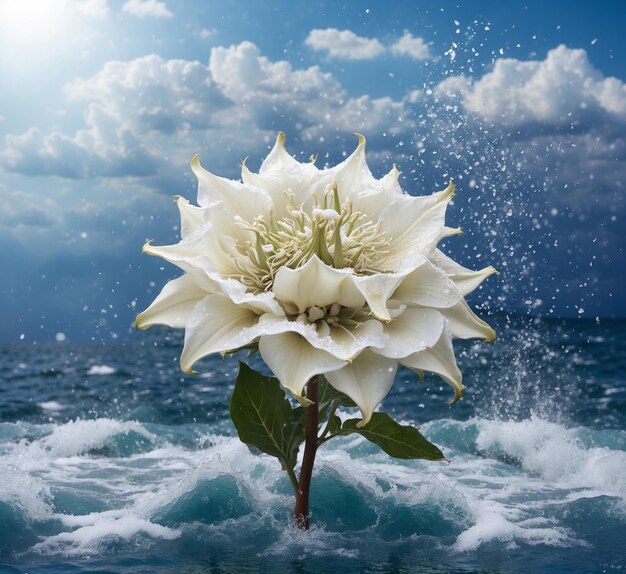 White datura flower on the water and blue sky background