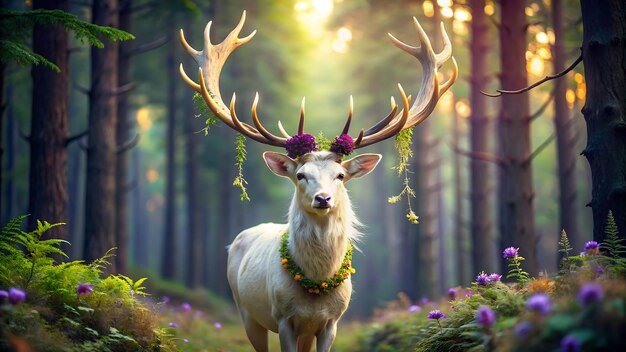 A white deer with antlers in a dense forest