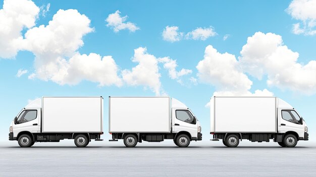 Photo white delivery trucks are parked in a row on a paved lot showcasing their clean design against a serene sunset backdrop