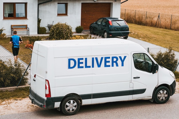 A white delivery van is parked on the roadside Parcel logistics concept Doortodoor overnight delivery company